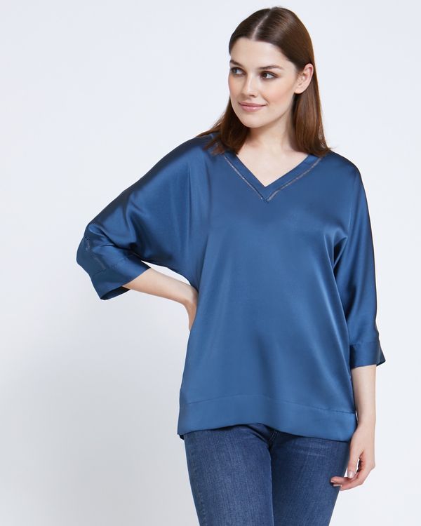 Paul Costelloe Living Studio Navy V-Neck Trim Top